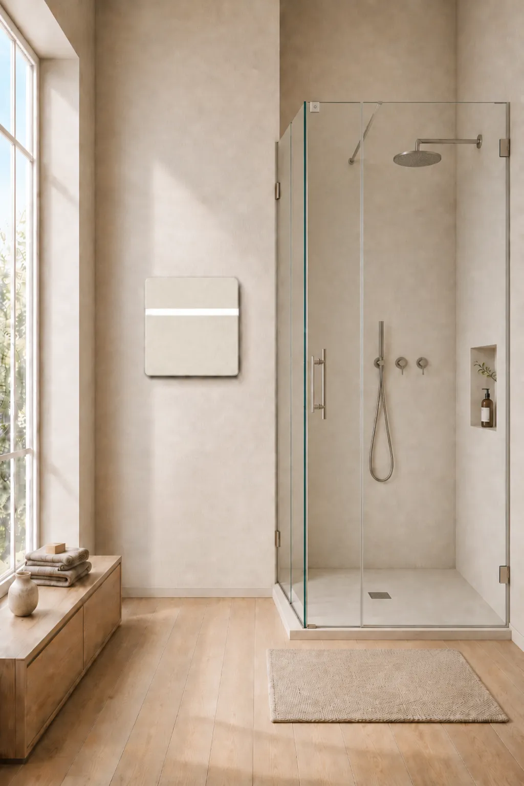 Sèche-serviettes Dual-Kherr® Eternal en finition Caliza Blanca dans une salle de bain moderne