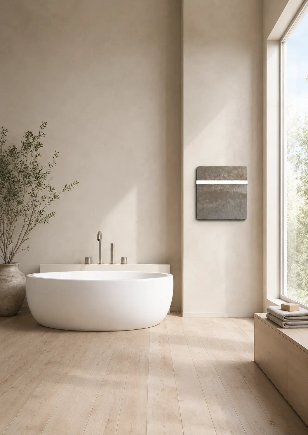 Radiateur sèche-serviettes électrique connecté avec technologie Dual-Kherr® dans une salle de bain contemporaine