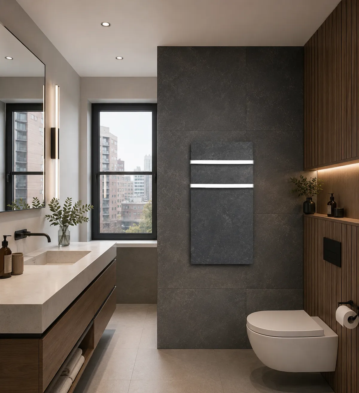 Sèche-serviettes Dual-Kherr® Eternal en finition Dark Natura dans une salle de bain contemporaine